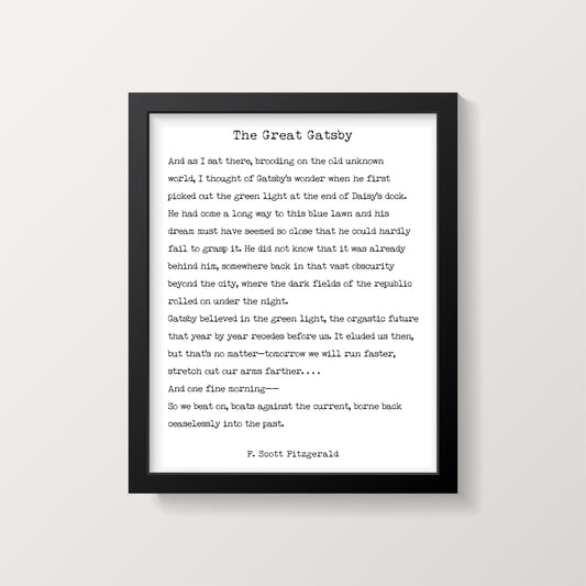 The Great Gatsby Last Page Quote Print – F. Scott Fitzgerald Literary Wall Art, Typewriter Style Book Page