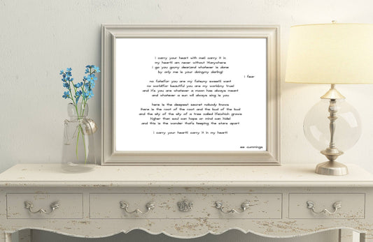 I Carry Your Heart Love Poetry Wall Decor - EE Cummings Poem Bookshelf Art