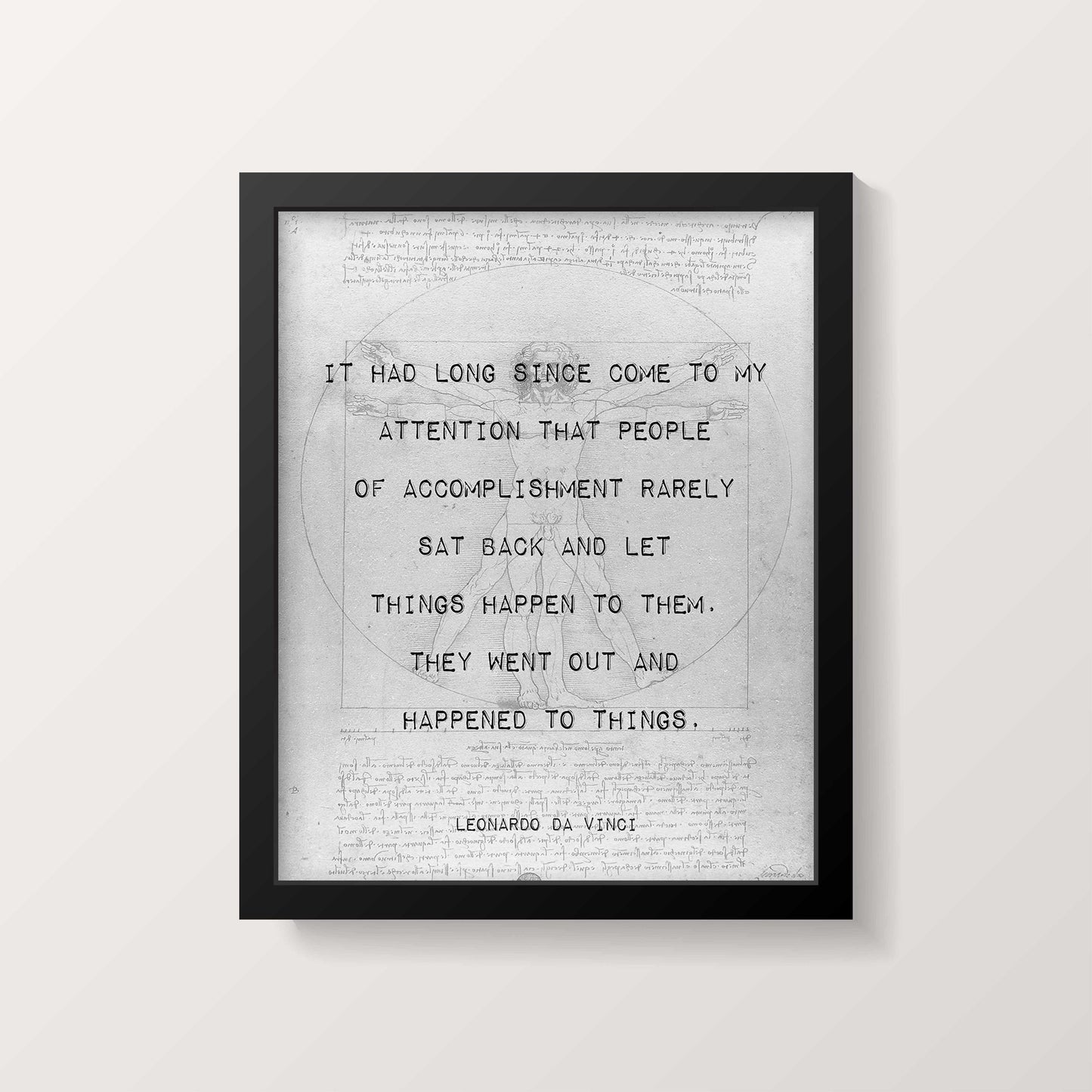 Leonardo da Vinci Quote Print – Vitruvian Man Wall Art – Motivational Vintage Sketch Poster, Framed or Unframed