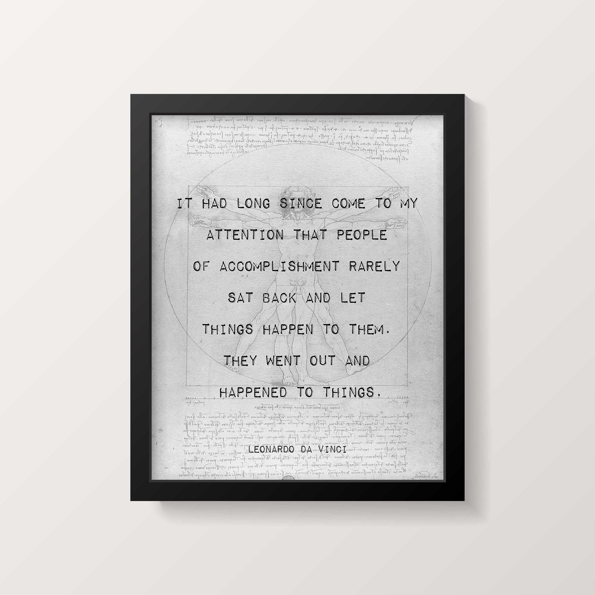 Leonardo da Vinci Quote Print – Vitruvian Man Wall Art – Motivational Vintage Sketch Poster, Framed or Unframed