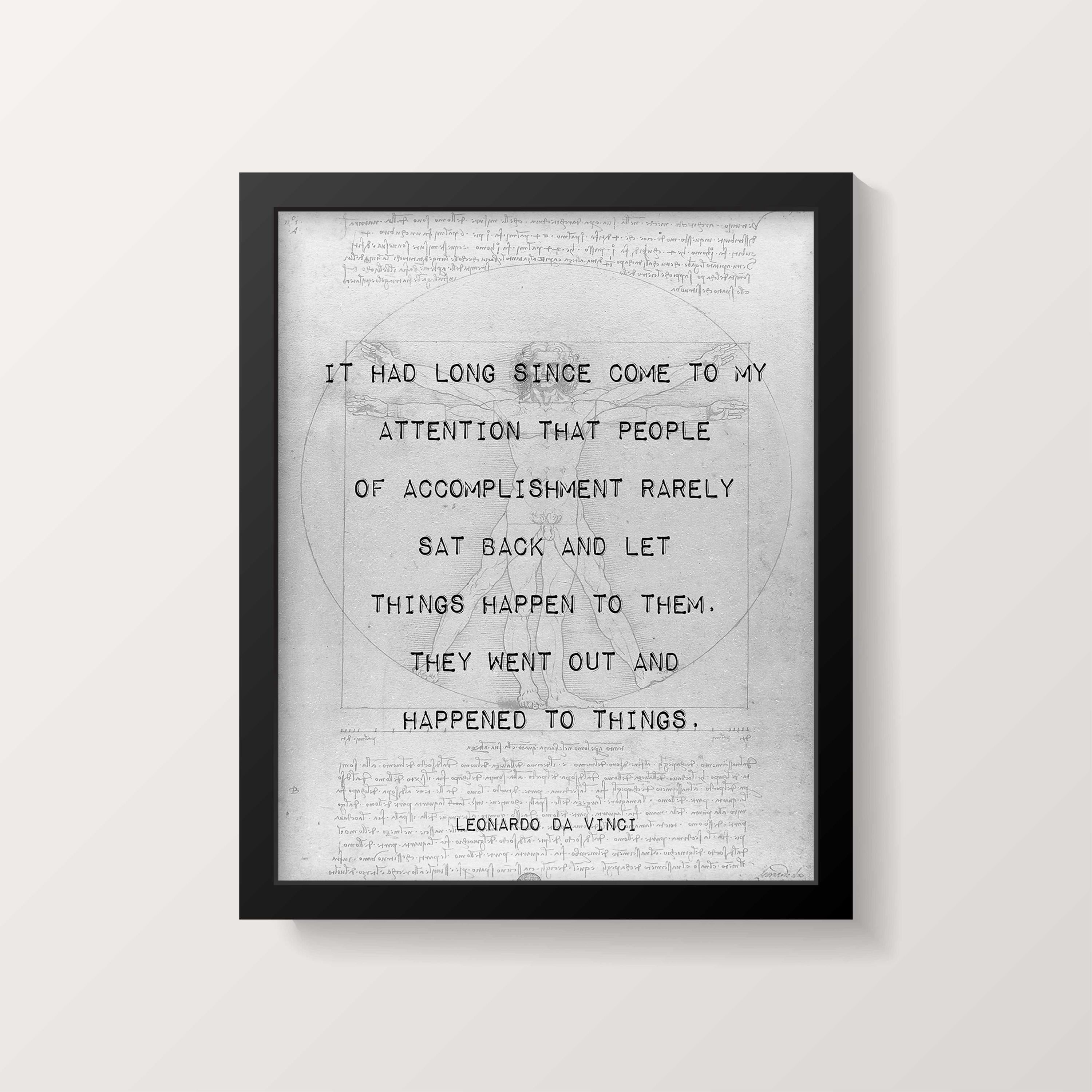 Leonardo da Vinci Quote Print – Vitruvian Man Wall Art – Motivational Vintage Sketch Poster, Framed or Unframed
