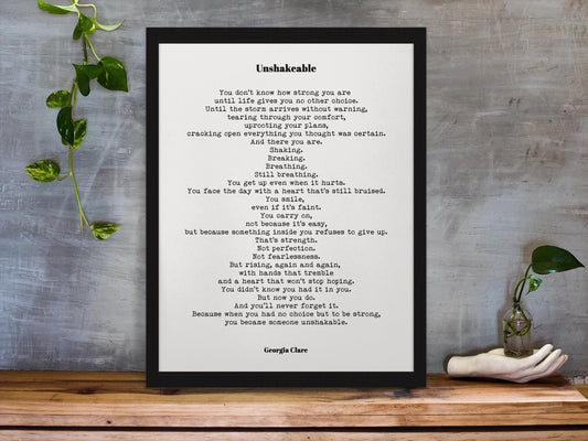 Unshakeable Poem Print by Georgia Clare, Minimalist Strength Wall Art