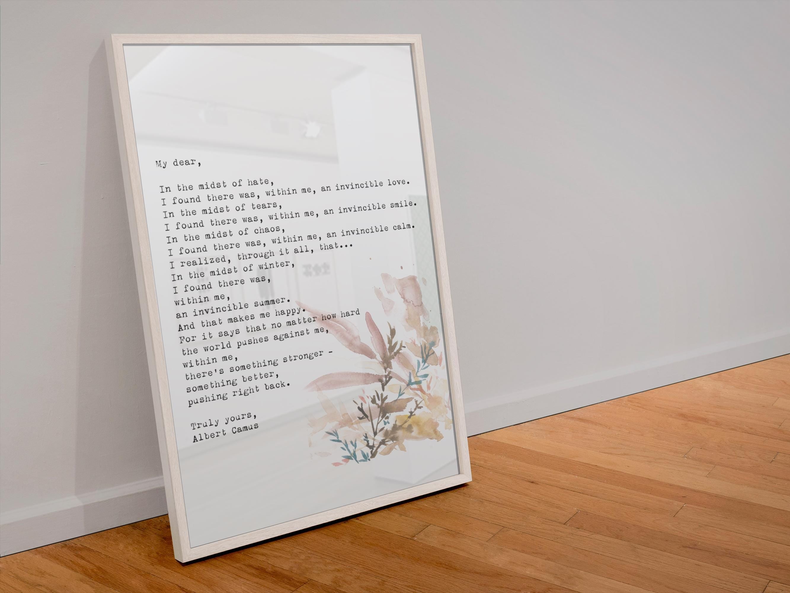 Albert Camus Invincible Summer Quote Print, Literary Wall Art