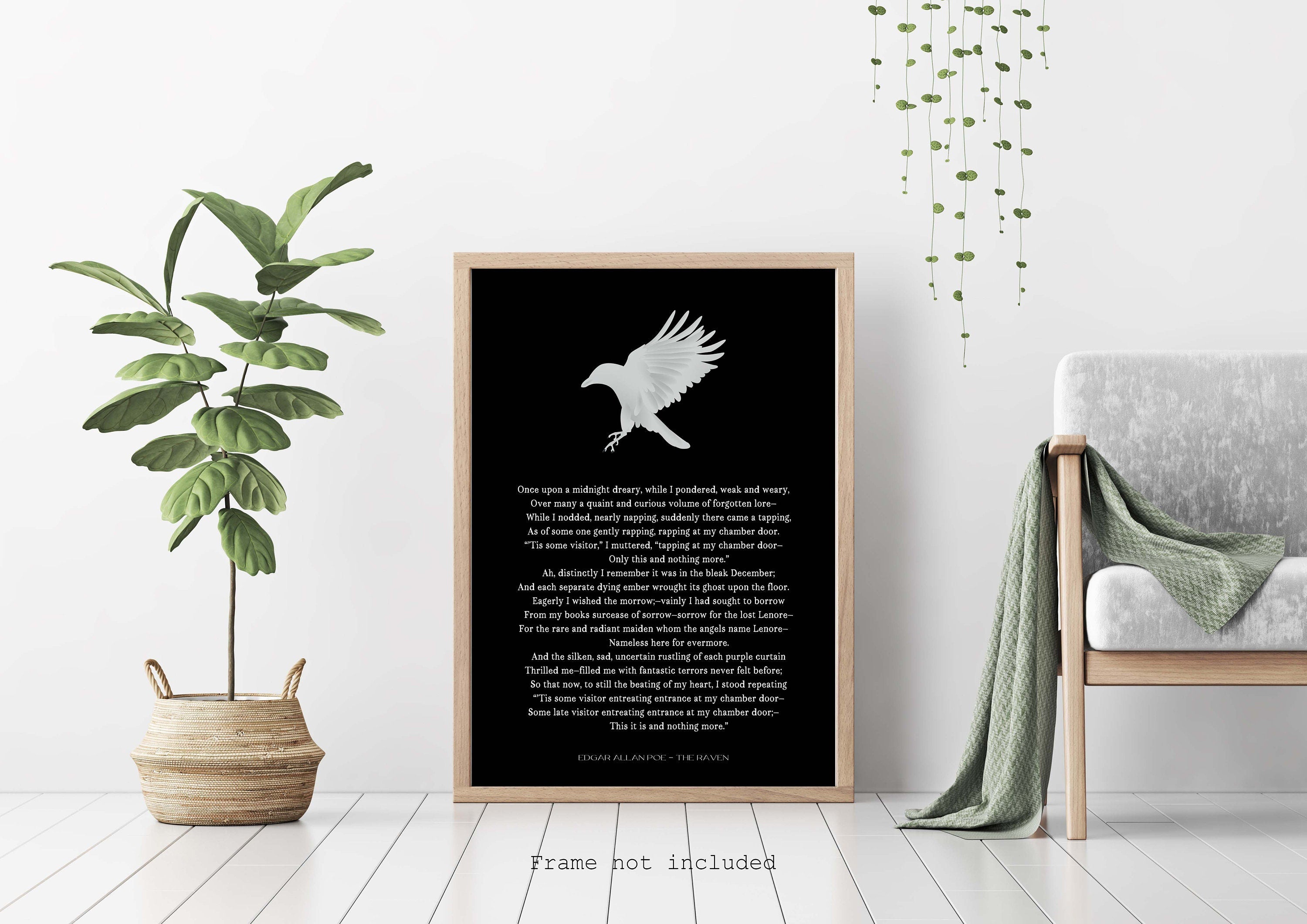 May include: Black and white printable wall art featuring a silhouette of a raven and the poem "The Raven" by Edgar Allan Poe. The poem is printed in white text on a black background.