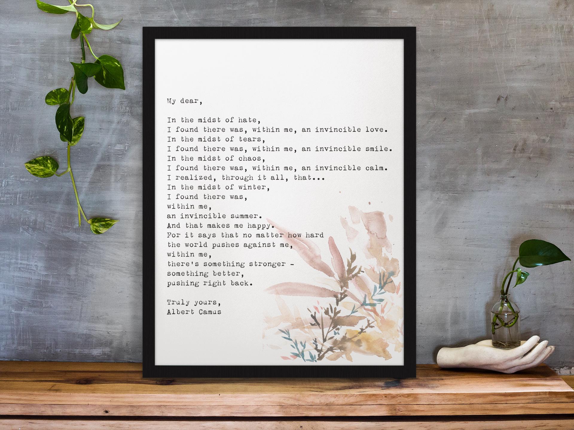 Albert Camus Invincible Summer Quote Print, Literary Wall Art