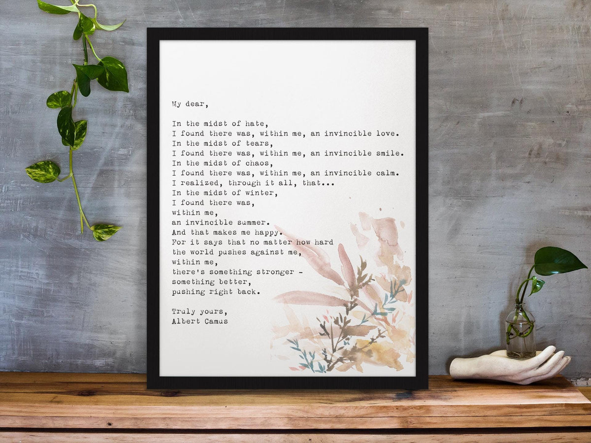 Albert Camus Invincible Summer Quote Print, Literary Wall Art