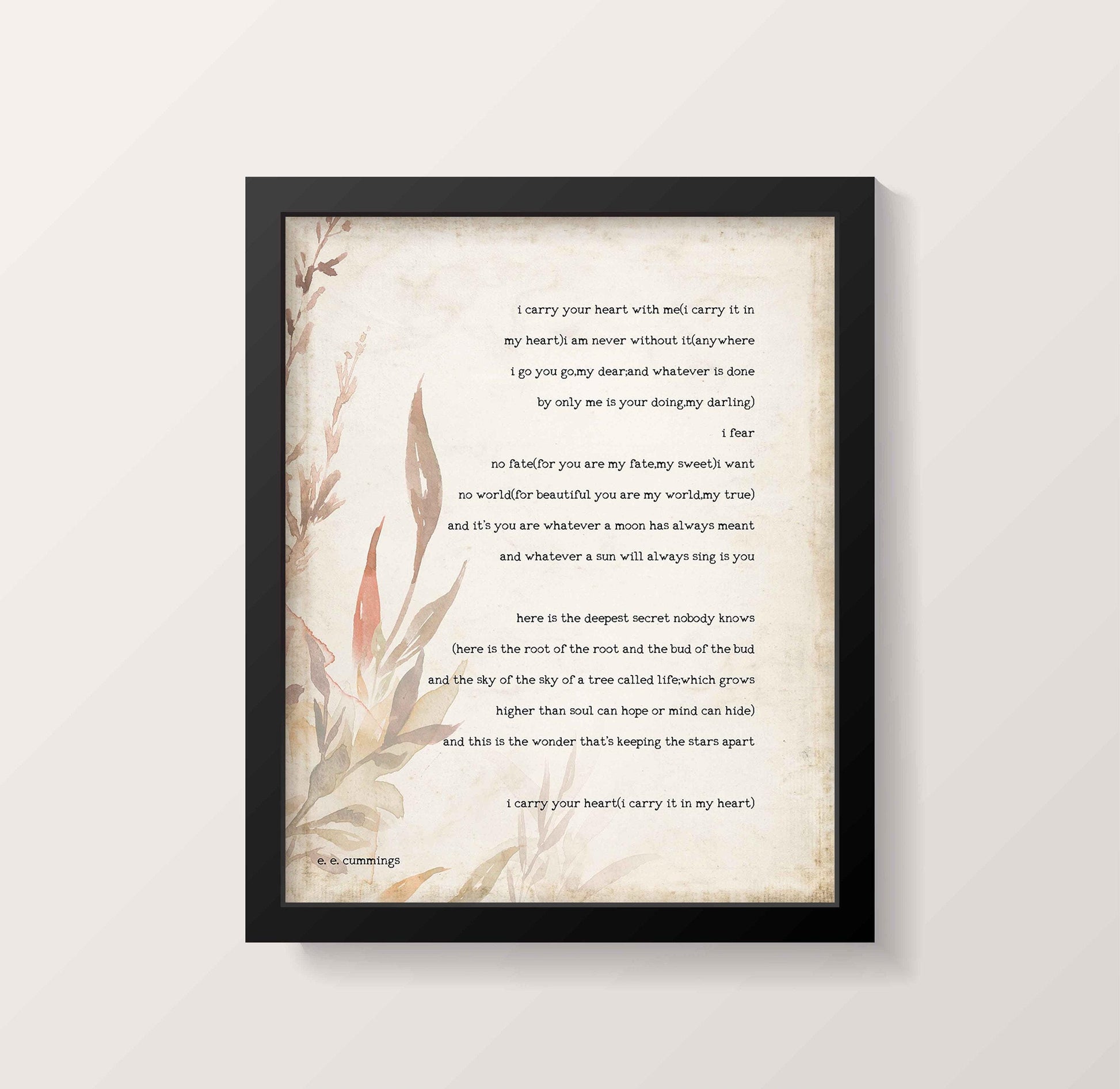E E Cummings Love Poem Print i Carry Your Heart With Me Literary Wall Art Romantic Poetry Decor