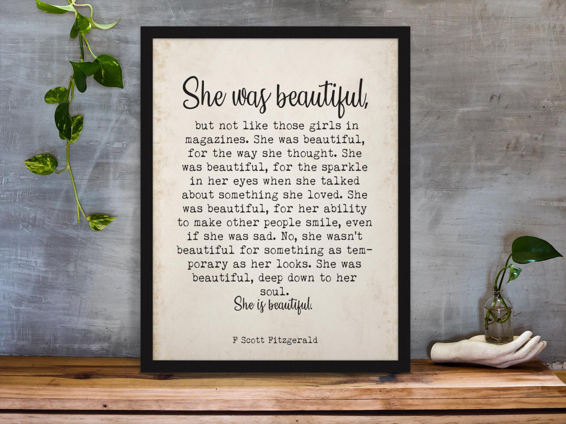 She Was Beautiful F Scott Fitzgerald Quote Print Classic Literature Typography Poster