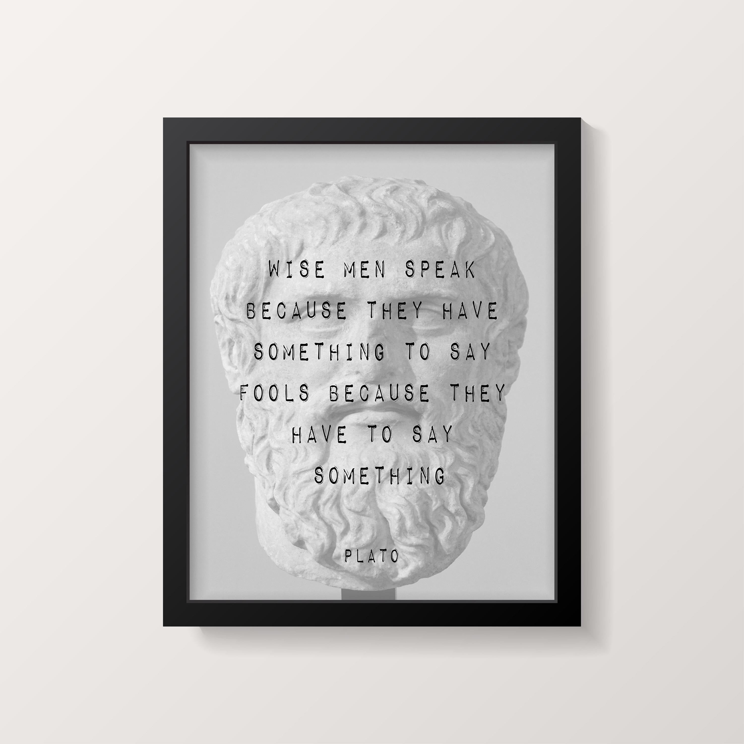 A black framed print features a white marble bust of Plato with the quote "WISE MEN SPEAK BECAUSE THEY HAVE SOMETHING TO SAY FOOLS BECAUSE THEY HAVE TO SAY SOMETHING PLATO" in black text.