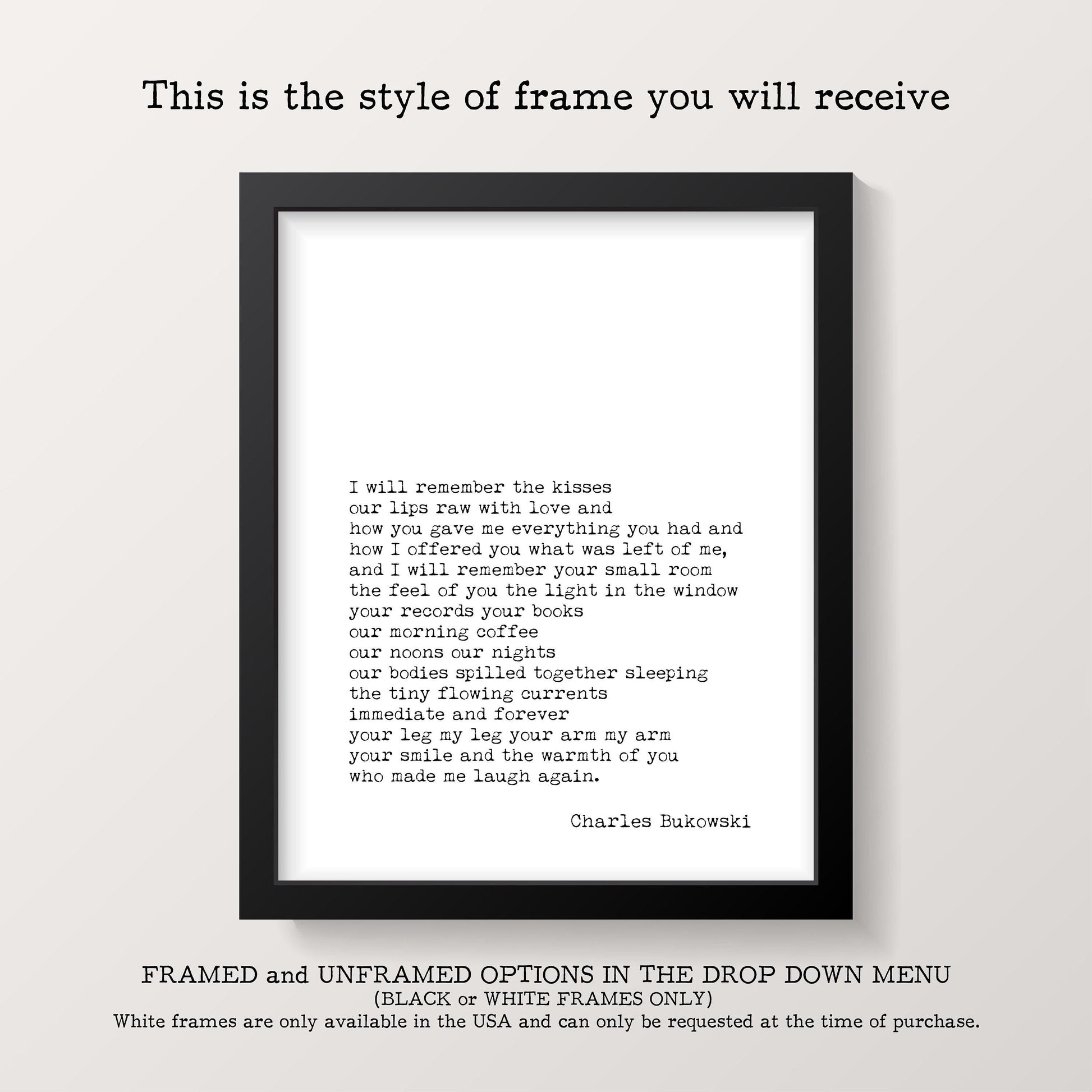 A black framed print with white text of a poem titled "This is the style of frame you will receive" hangs on a white wall.