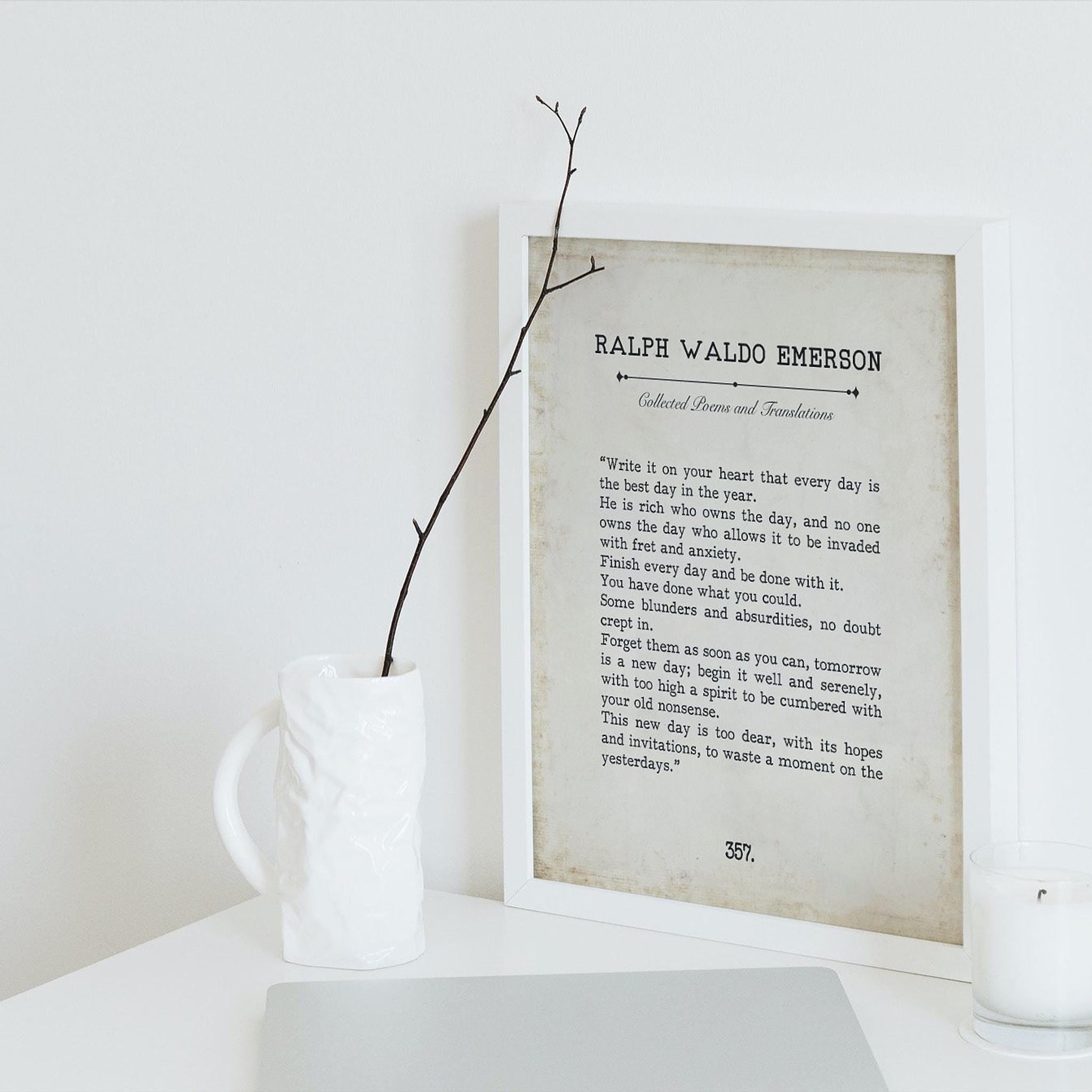 Ralph Waldo Emerson Book Page Inspirational Wall Art, Write it on your heart that every day is the best Quote Vintage Style Print Wall Decor