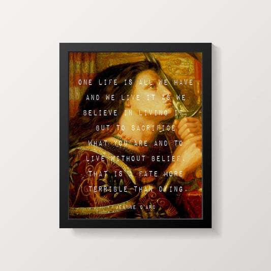 A framed print features a dark, vintage-style painting of a woman in a red and gold gown, with white text overlaid on the right side.