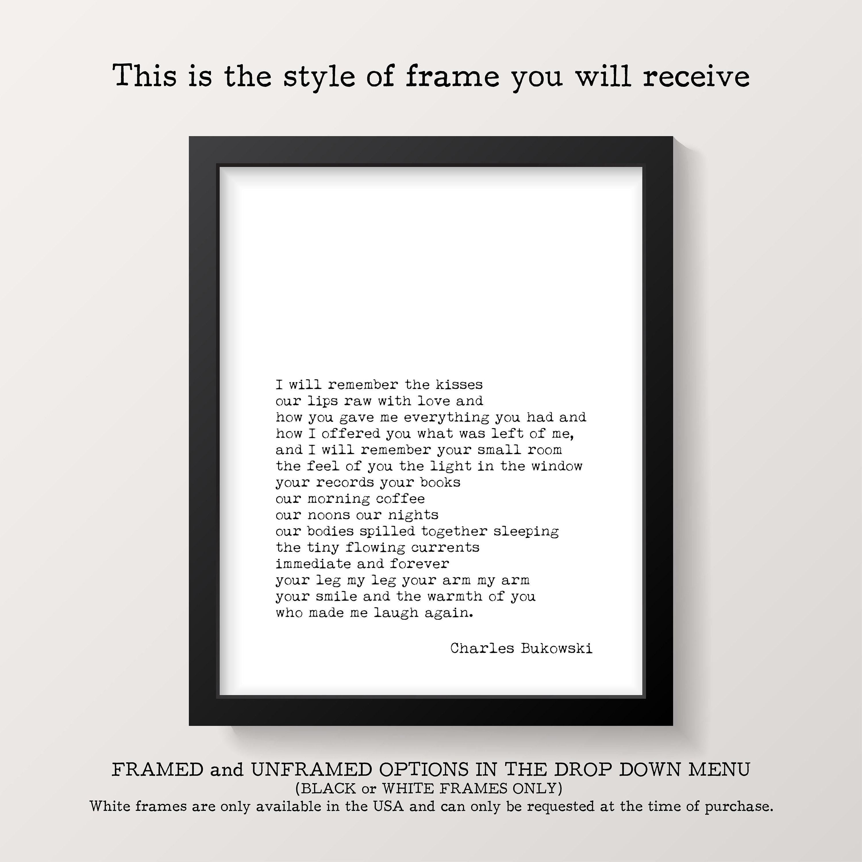 A framed white print with black text is centered on a white background, with text above and below the print describing frame options.