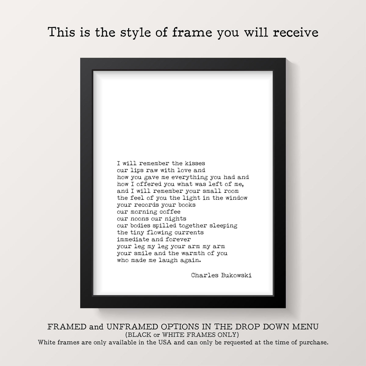 A framed white print with black text is centered on a white background, with text above and below the print describing frame options.
