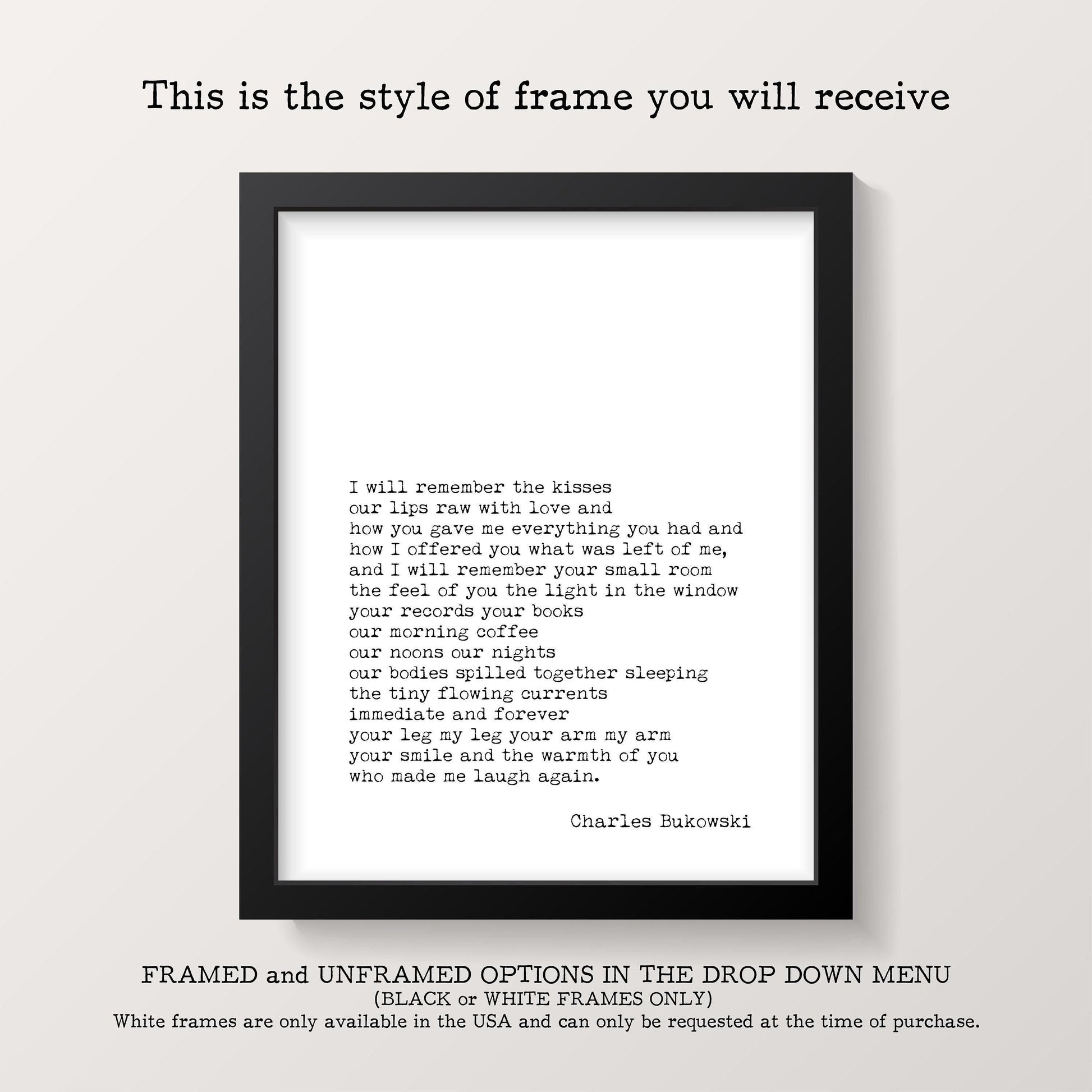 A framed white print with black text is centered on a white background, with text above and below the print describing frame options.