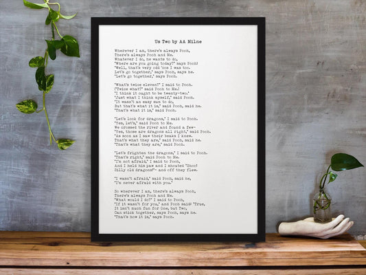 AA Milne Us Two Poem Print, Framed and Unframed Options with Minimalist Backgrounds