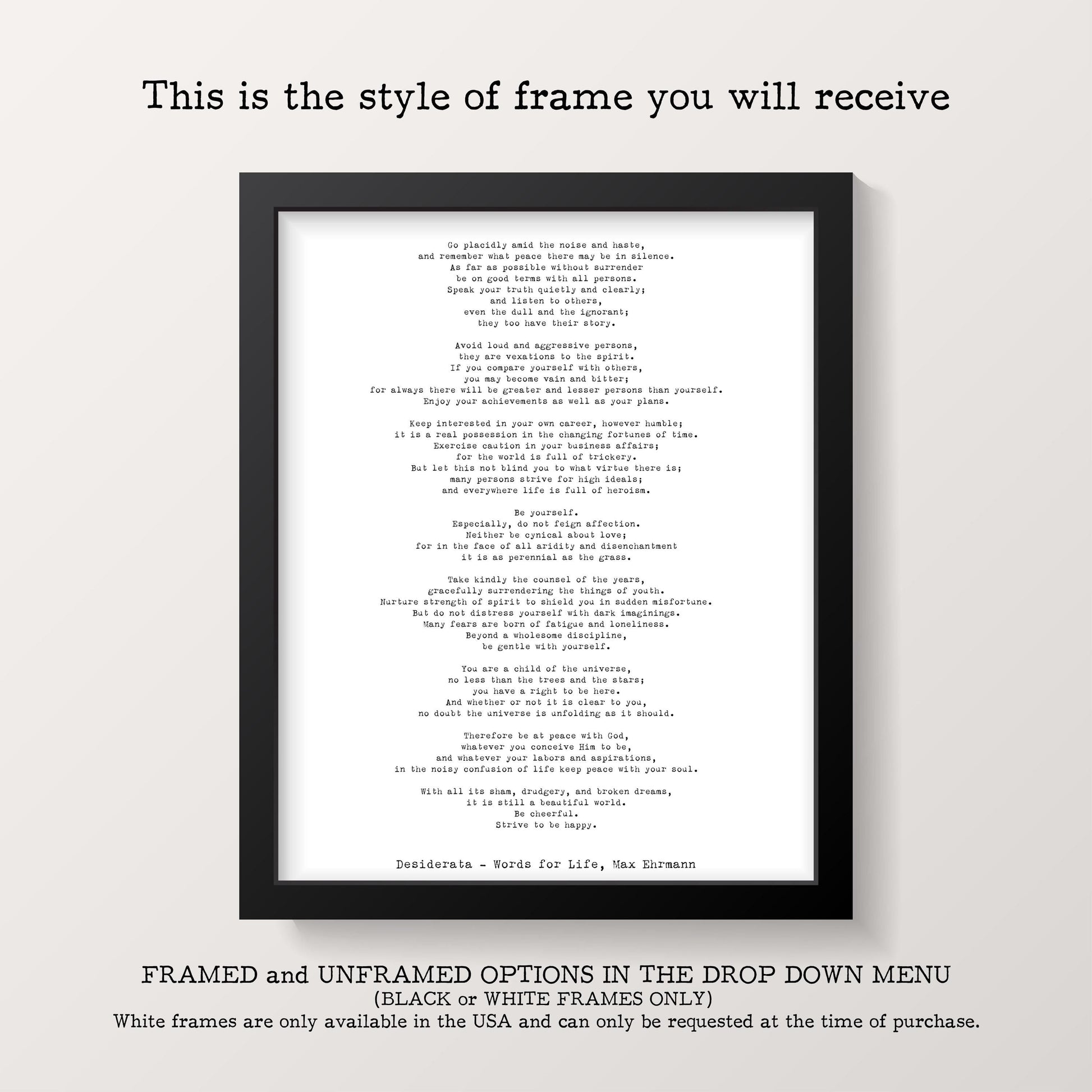 A light wood-framed print with a long poem by Max Ehrmann titled "Desiderata" in black text on a white background.
