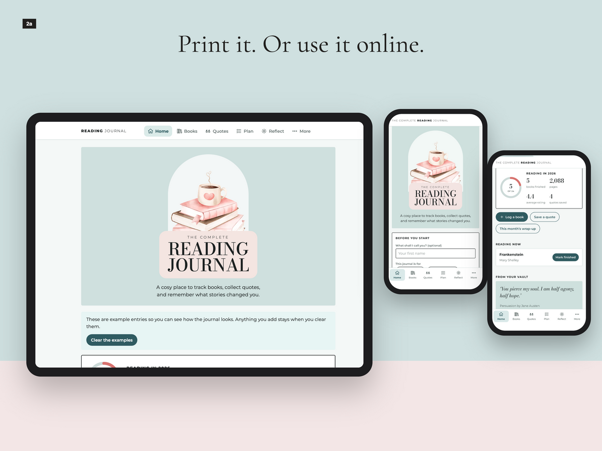 Complete Reading Journal shown on a tablet and phone, printable PDF with an interactive web version