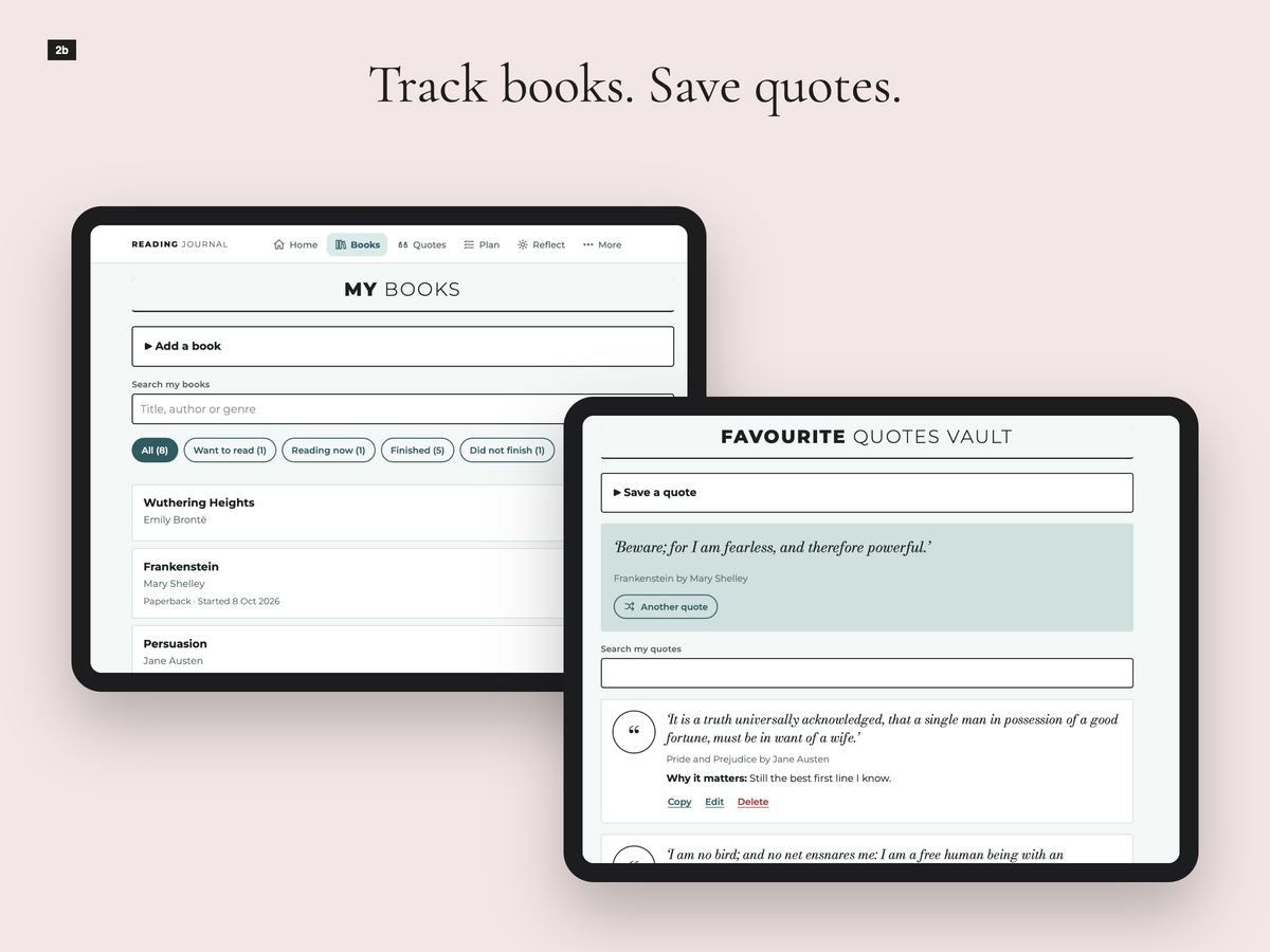 Interactive reading journal book log and favourite quotes vault on a tablet