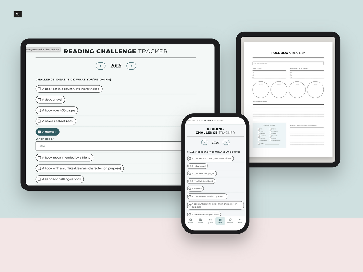 Interactive reading challenge tracker on tablet and phone beside the printable full book review page