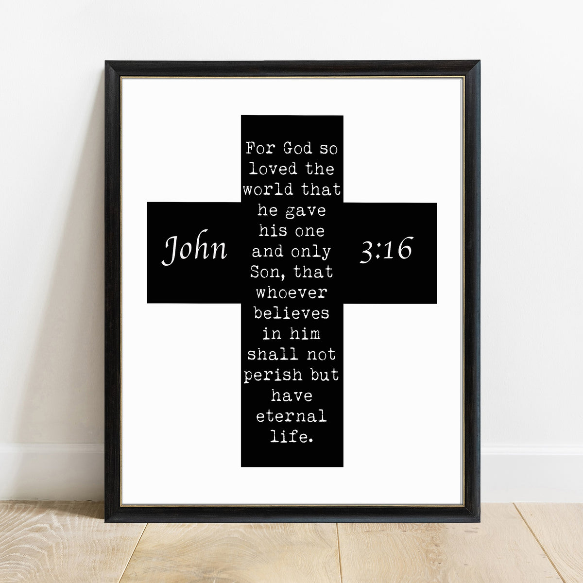 John 3:16 for God so loved the world scripture print in a black frame