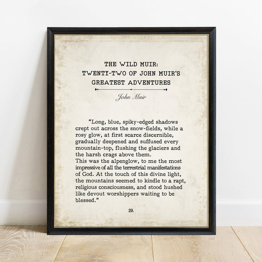 The Wild Muir John Muir adventures vintage book page print in a black frame