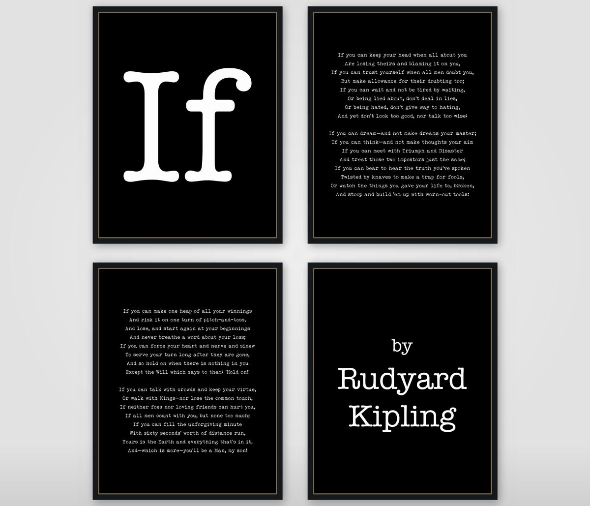 Rudyard Kipling If title and author set of four as a gallery wall, black background