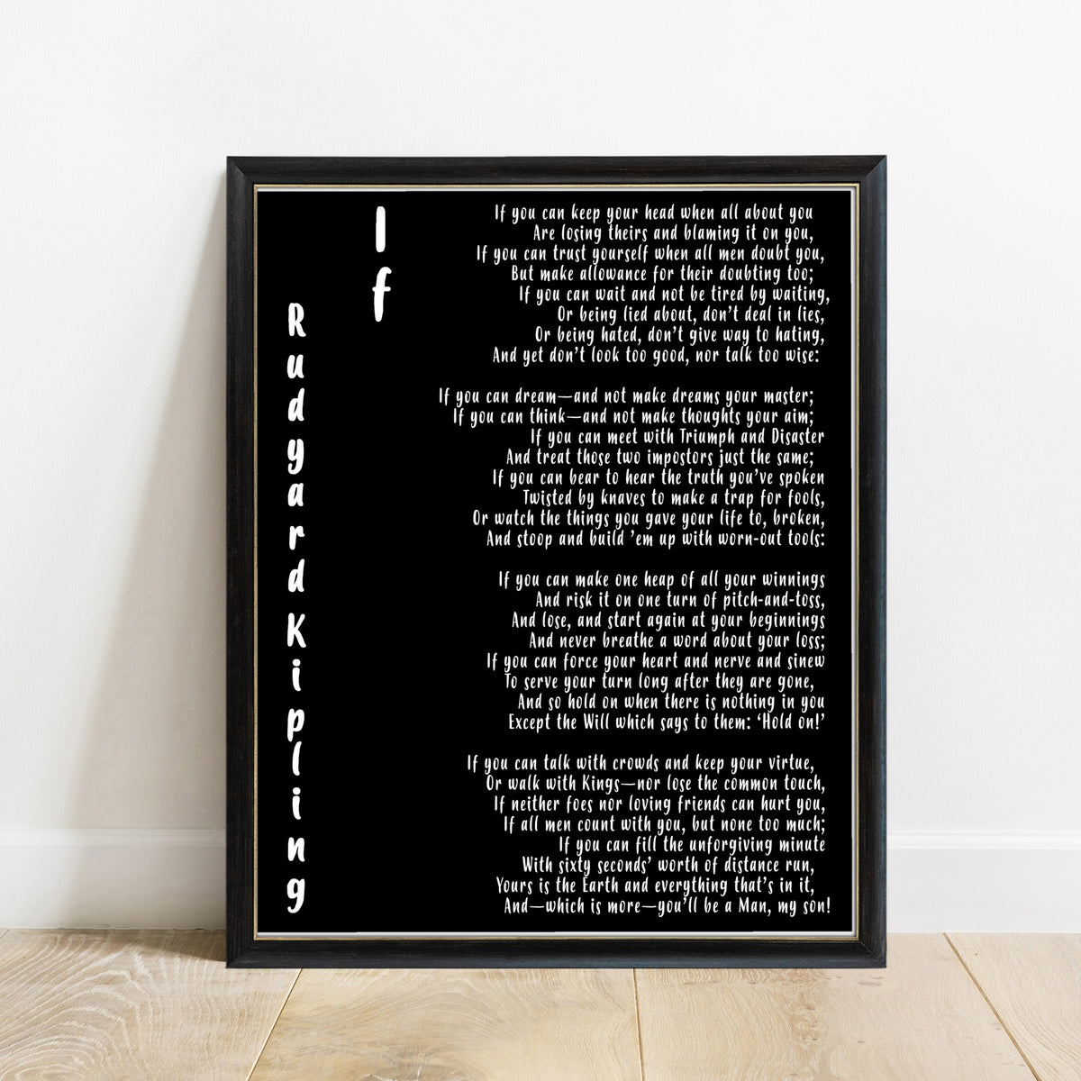 Rudyard Kipling If poem print with RK initials in a black frame, black background