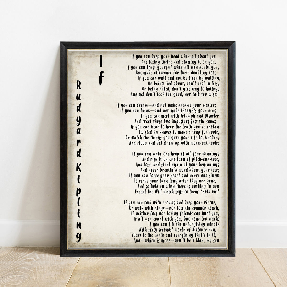 Rudyard Kipling If poem print with RK initials in a black frame, vintage background