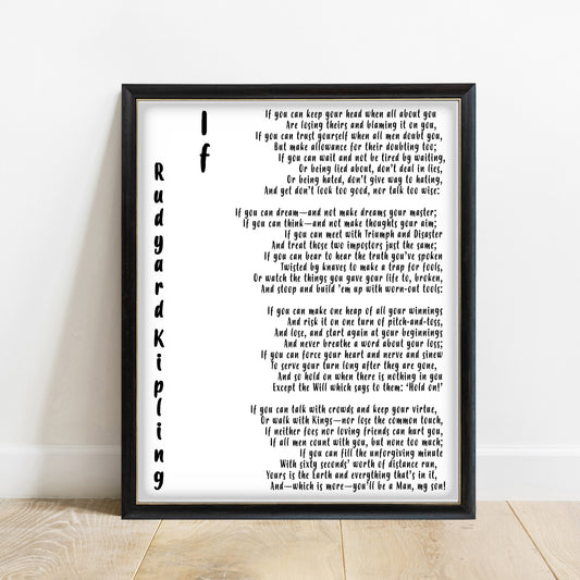 Rudyard Kipling If poem print with RK initials in a black frame, white background