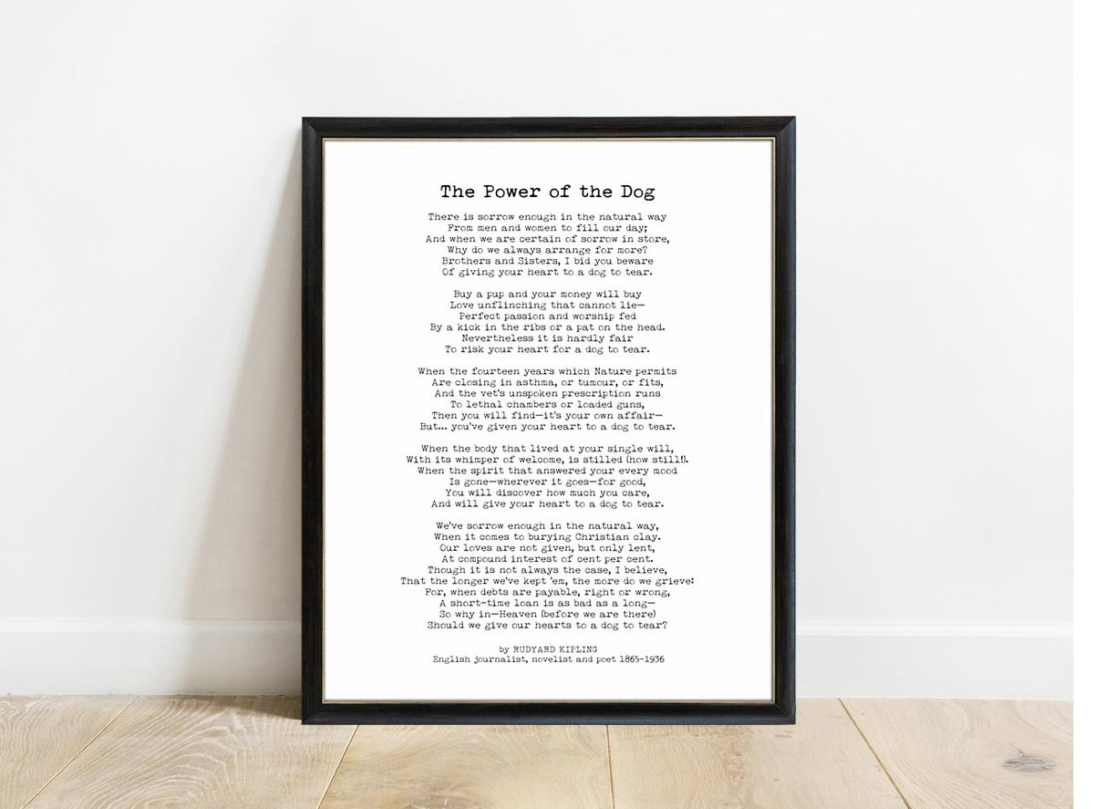 Rudyard Kipling The Power of the Dog book page print in a black frame, white background