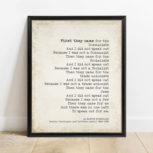 Martin Niemoller First They Came vintage book page print in a black frame