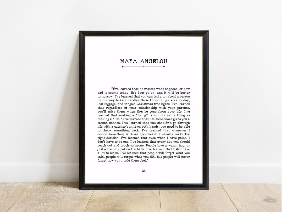 Maya Angelou I've Learned book page print in a black frame, white background