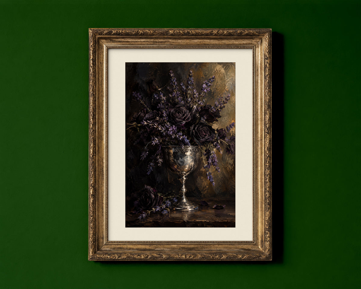 Silver chalice with lavender and dark roses, moody oil painting still life dark academia print shown in a gold frame for display only; framed prints are sent in a black frame