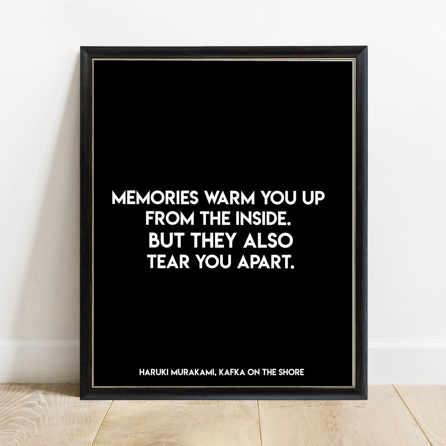 Haruki Murakami memories warm you up quote print in a black frame, black background