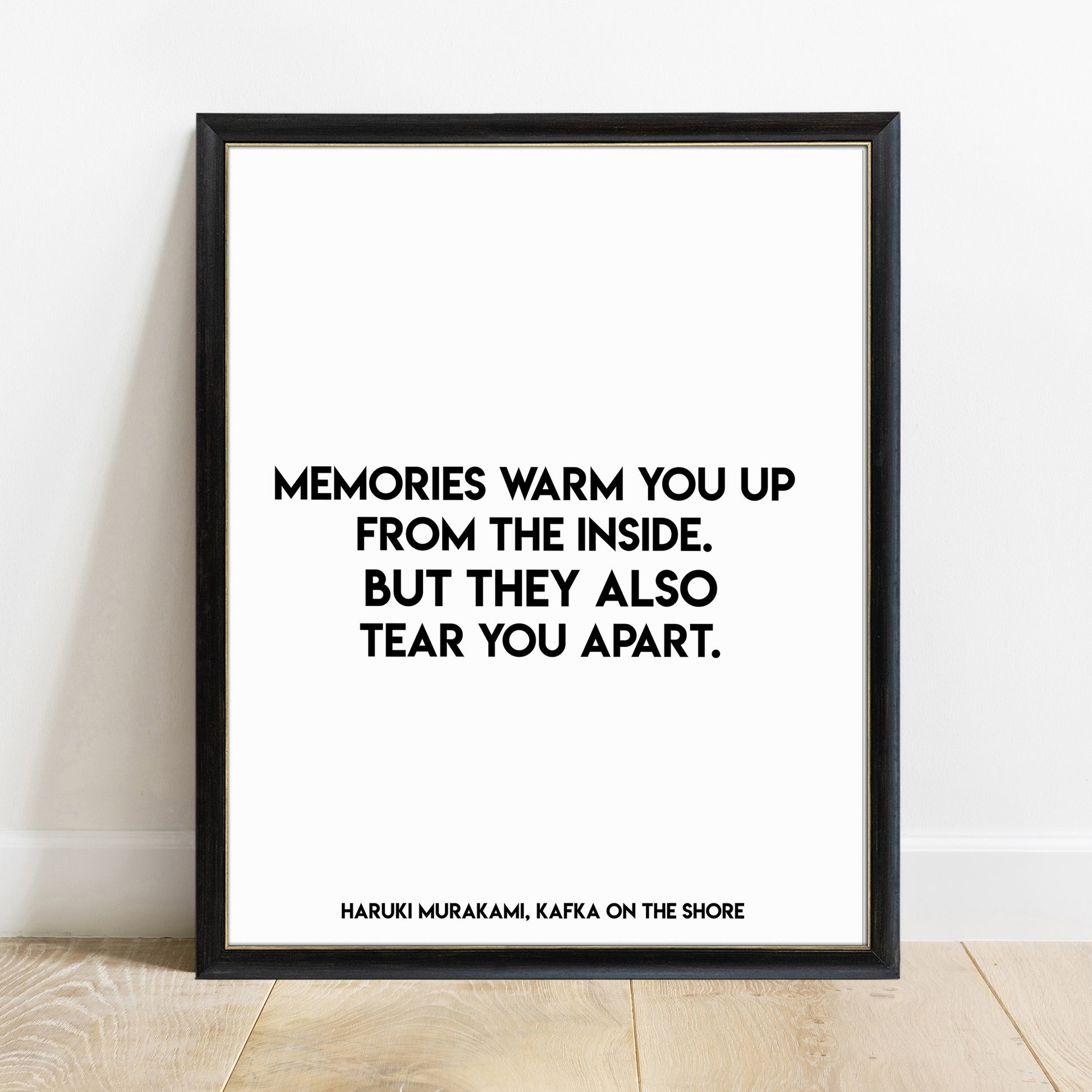 Haruki Murakami memories warm you up quote print in a black frame, white background