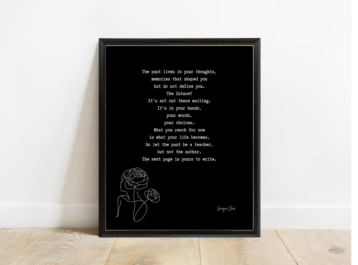 Georgia Clare The Next Page Is Yours poem print in a black frame, black background