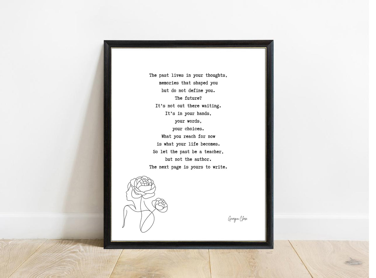 Georgia Clare The Next Page Is Yours poem print in a black frame, white background