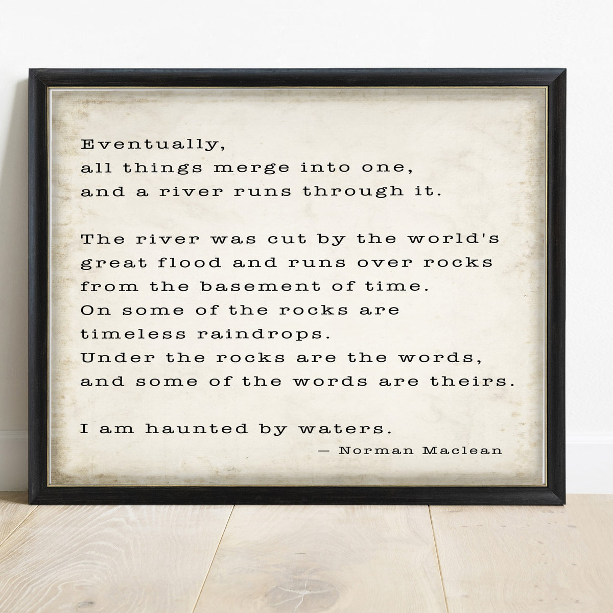 A River Runs Through It landscape closing passage print in a black frame, vintage background