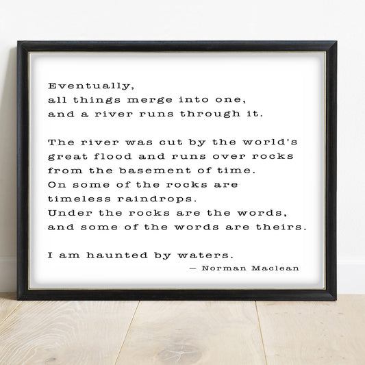 A River Runs Through It landscape closing passage print in a black frame, white background