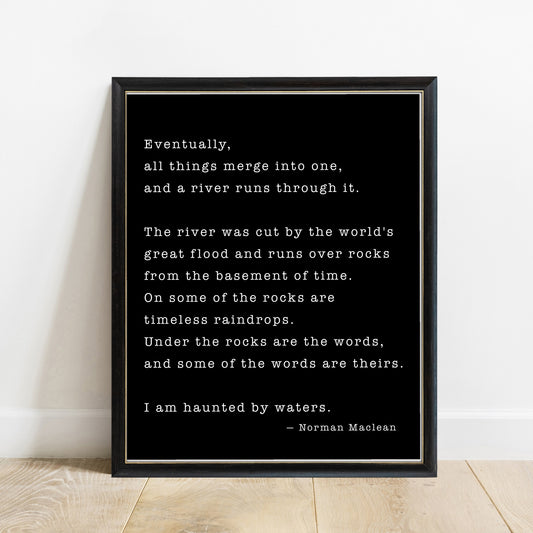 A River Runs Through It full closing passage print in a black frame, black background