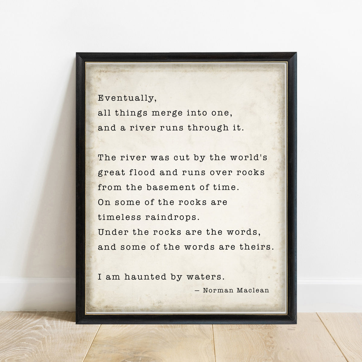A River Runs Through It full closing passage print in a black frame, vintage background