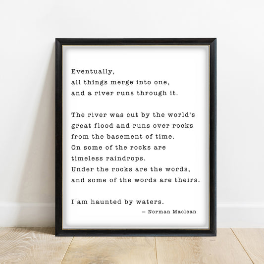 A River Runs Through It full closing passage print in a black frame, white background