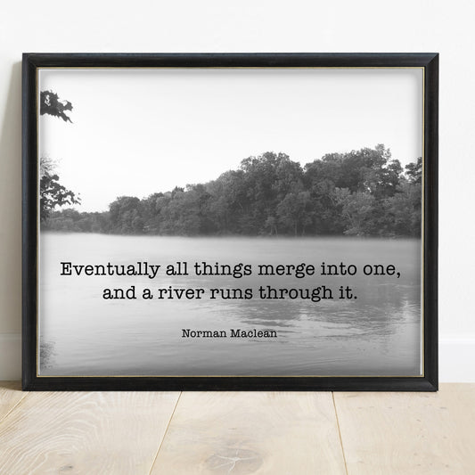 A River Runs Through It landscape print with misty river photograph in a black frame
