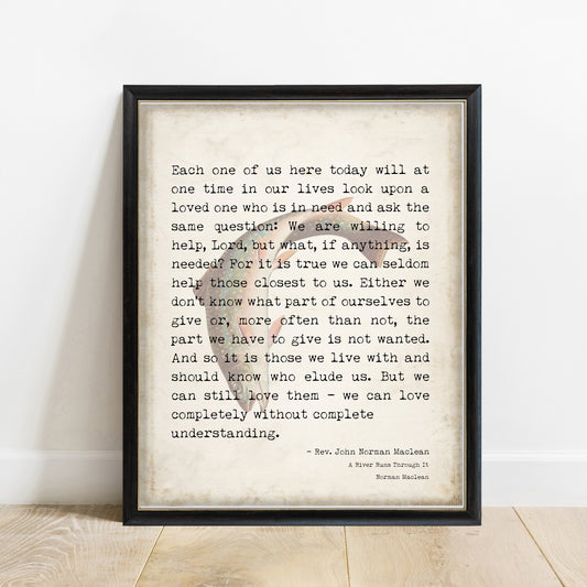 Norman Maclean Each One Of Us Here Today print with faded fish illustration in a black frame