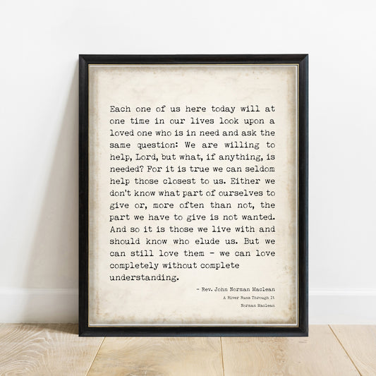 A River Runs Through It Each One Of Us Here Today passage print on vintage paper in a black frame