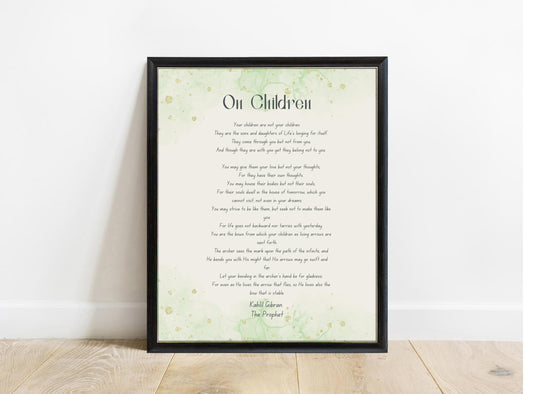 Kahlil Gibran On Children poem print over a green watercolour wash, in a black frame