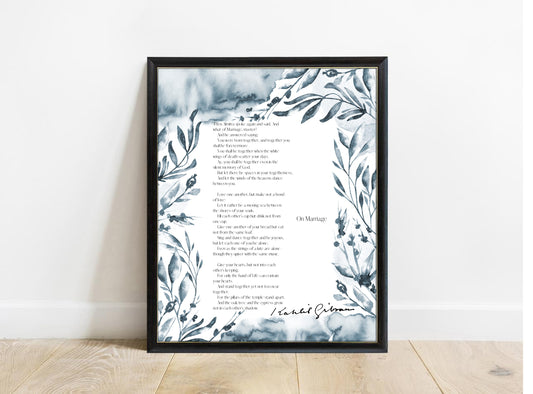 Kahlil Gibran On Marriage poem print with a blue-grey watercolour leaf border, in a black frame