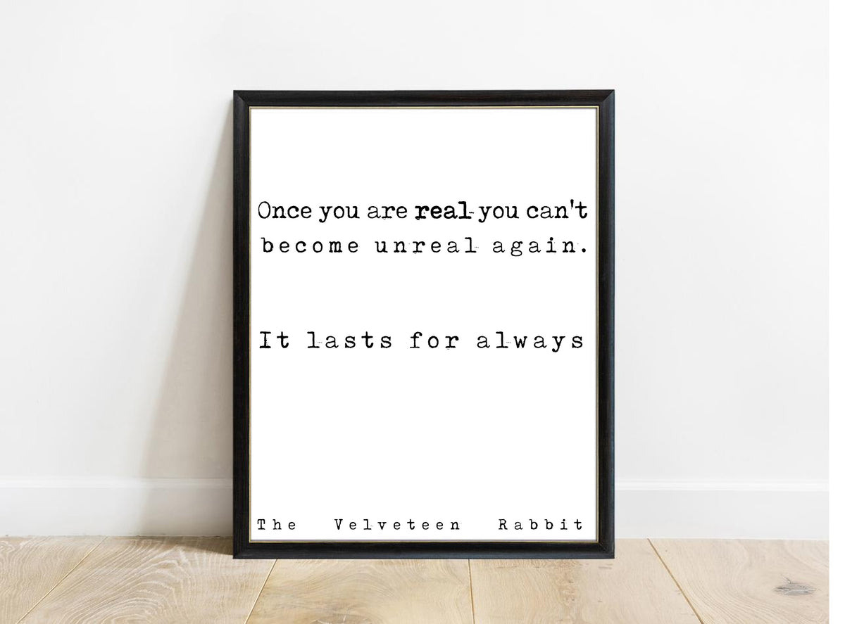 Velveteen Rabbit Once You Are Real print in a black frame, white background