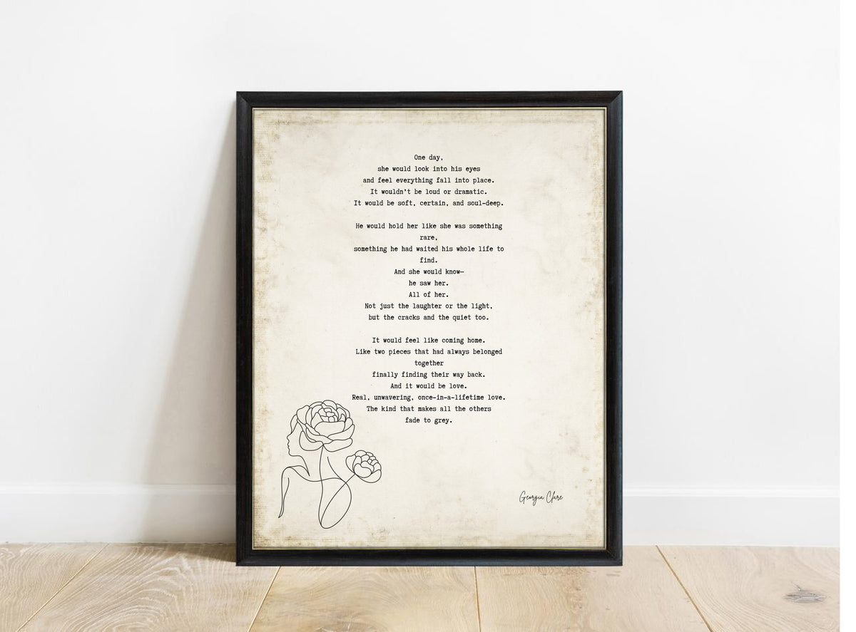 Georgia Clare One Day love poem print in a black frame, vintage background